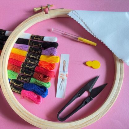 Threadskalakari Hand embroidery kit for beginners by ThreadsKalakari, includes hoop, threads, needle, and printed fabric.